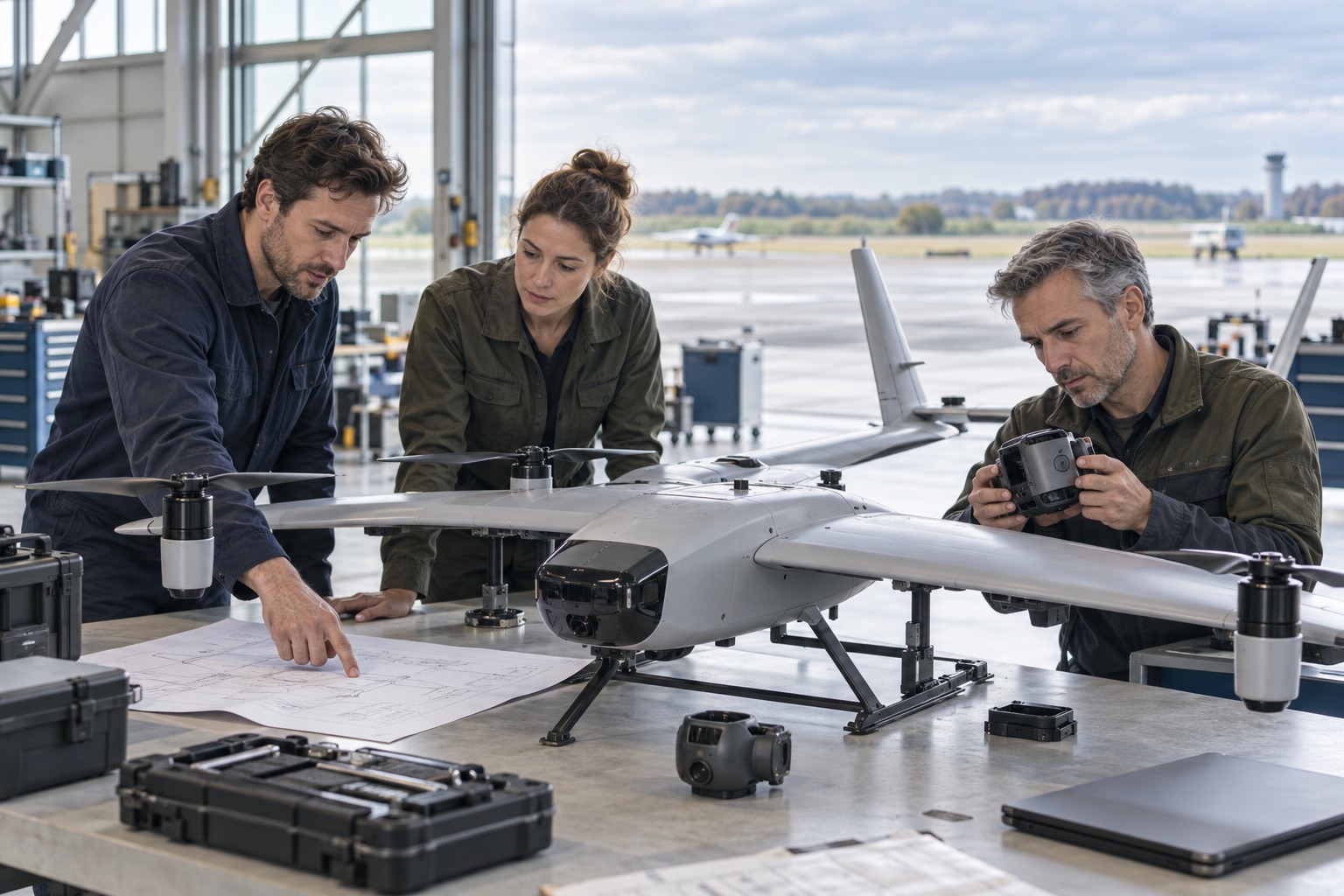 Drie technici bekijken samen een dronesysteem, een sensormodule en een ontwerptekening in een hangar.
